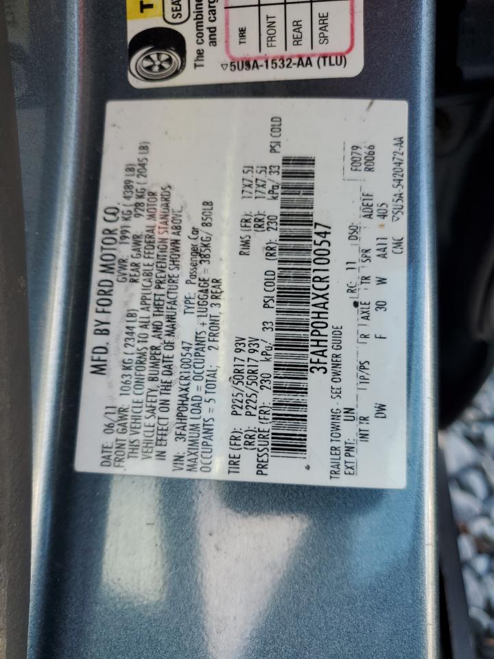 2012 Ford Fusion Se VIN: 3FAHP0HAXCR100547 Lot: 92785815