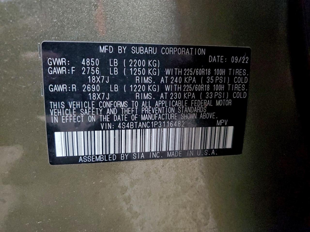 2023 Subaru Outback Limited VIN: 4S4BTANC1P3116482 Lot: 93702495