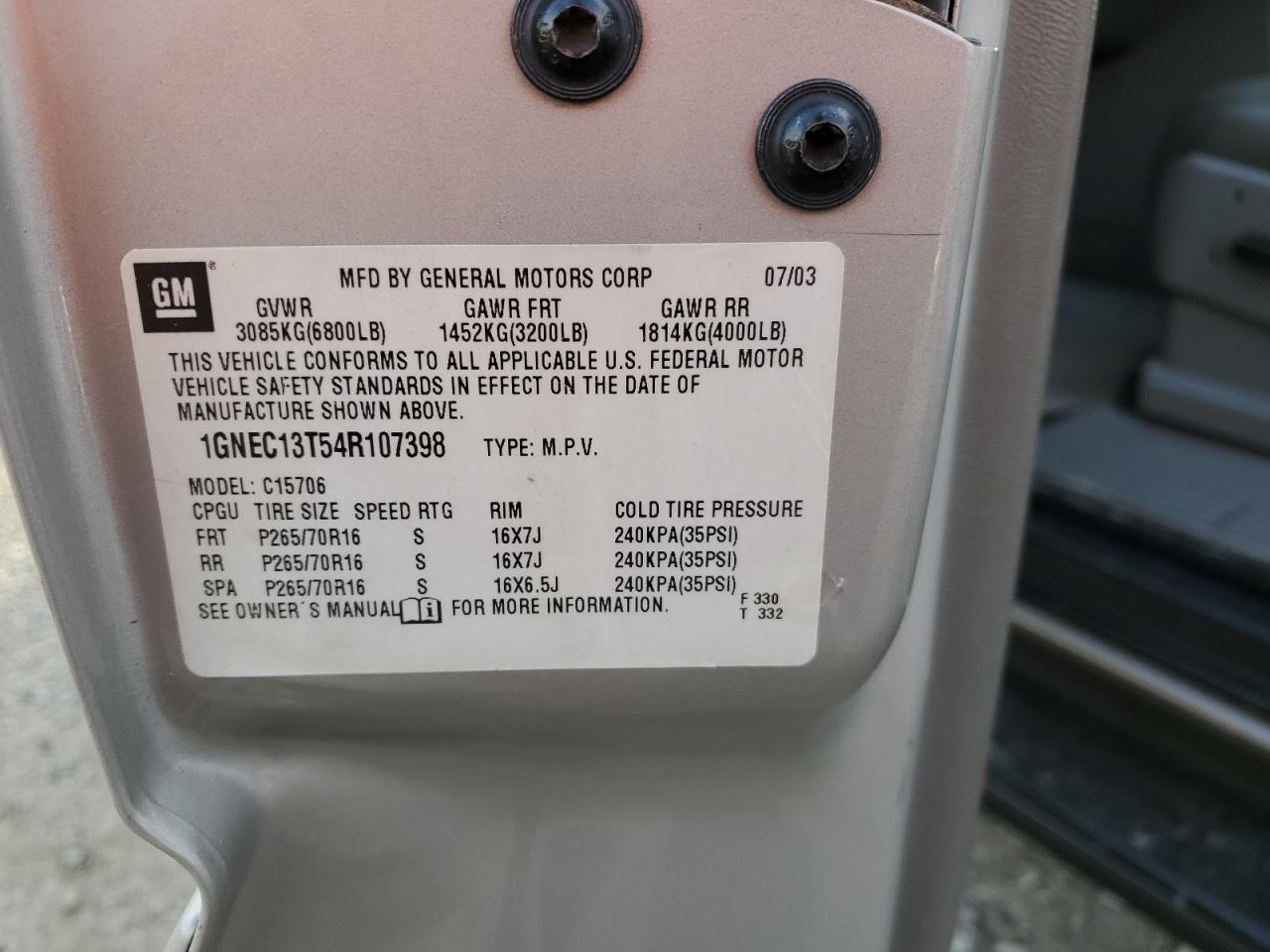 2004 Chevrolet Tahoe C1500 VIN: 1GNEC13T54R107398 Lot: 93653195