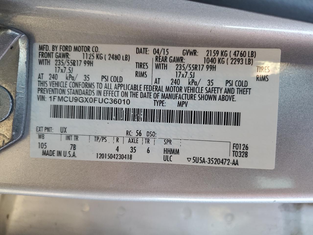 2015 Ford Escape Se VIN: 1FMCU9GX0FUC36010 Lot: 93337745