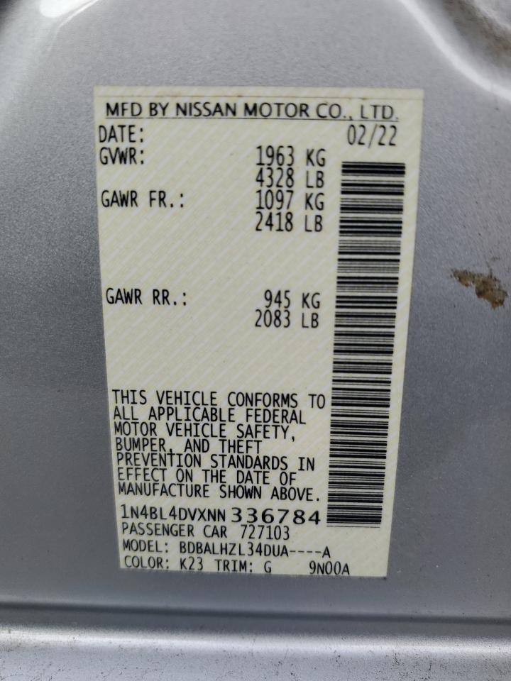 2022 Nissan Altima Sv VIN: 1N4BL4DVXNN336784 Lot: 93619435