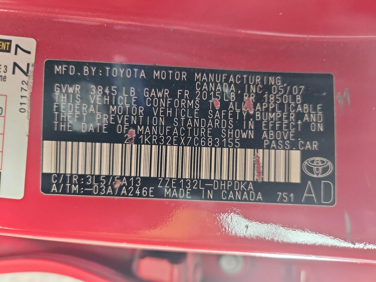 2007 Toyota Corolla Matrix Xr VIN: 2T1KR32EX7C683155 Lot: 90422255