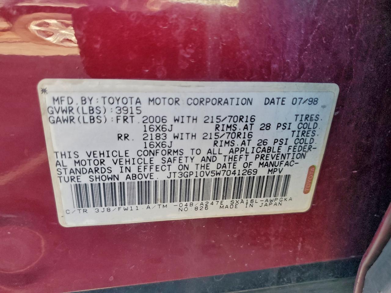 1998 Toyota Rav4 VIN: JT3GP10V5W7041269 Lot: 93972825