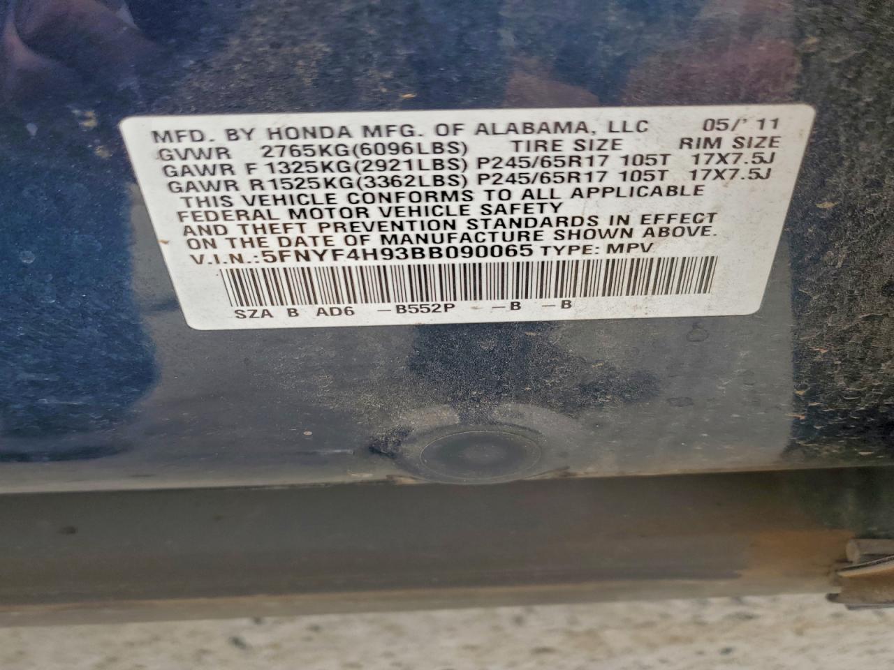 2011 Honda Pilot Touring VIN: 5FNYF4H93BB090065 Lot: 94299725