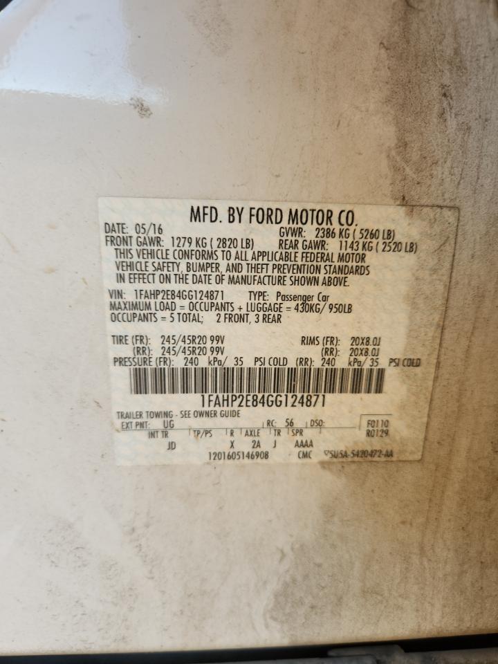 2016 Ford Taurus Sel VIN: 1FAHP2E84GG124871 Lot: 91444885