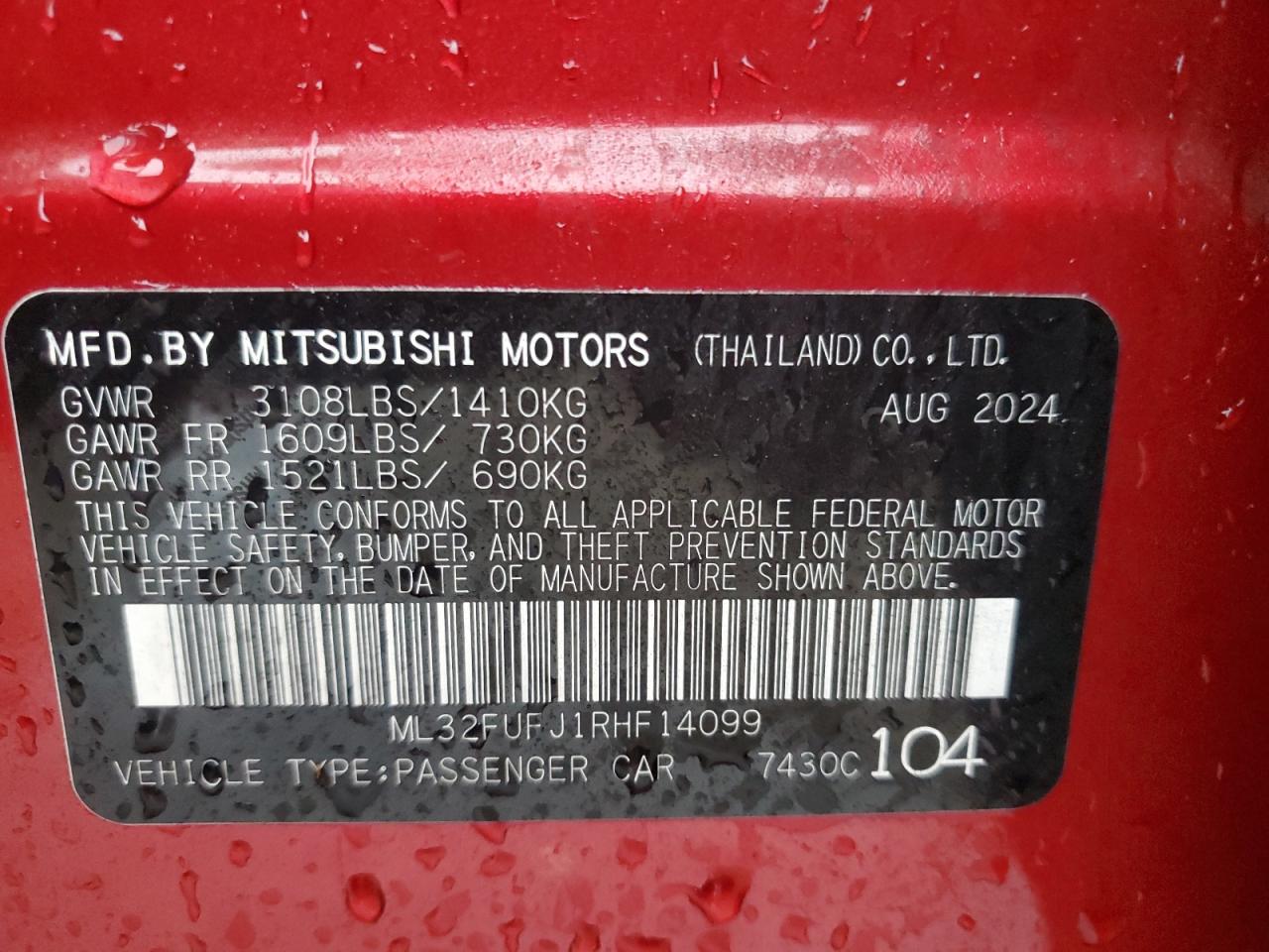 2024 Mitsubishi Mirage G4 Es VIN: ML32FUFJ1RHF14099 Lot: 93009195