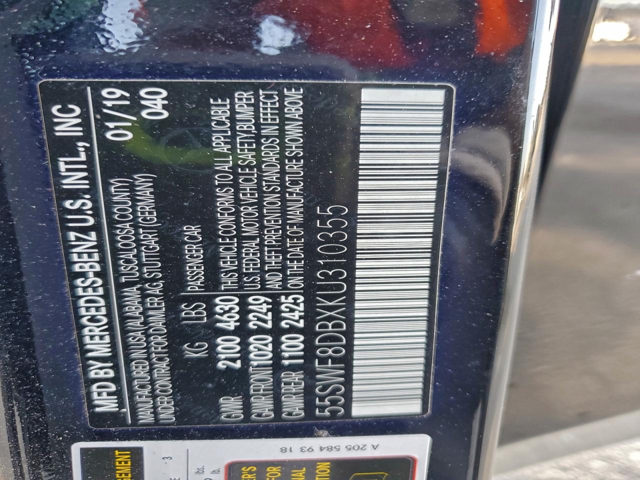 2019 Mercedes-Benz C 300 VIN: 55SWF8DBXKU310355 Lot: 94436735