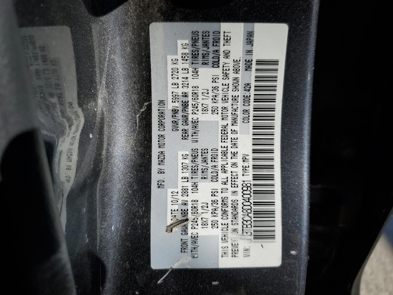 2013 Mazda Cx-9 Touring VIN: JM3TB3CA8D0400981 Lot: 92305875