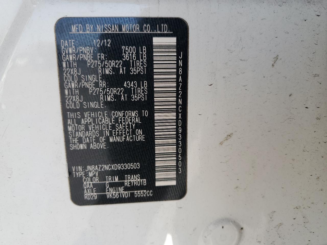 2013 Infiniti Qx56 VIN: JN8AZ2NCXD9330503 Lot: 91359625