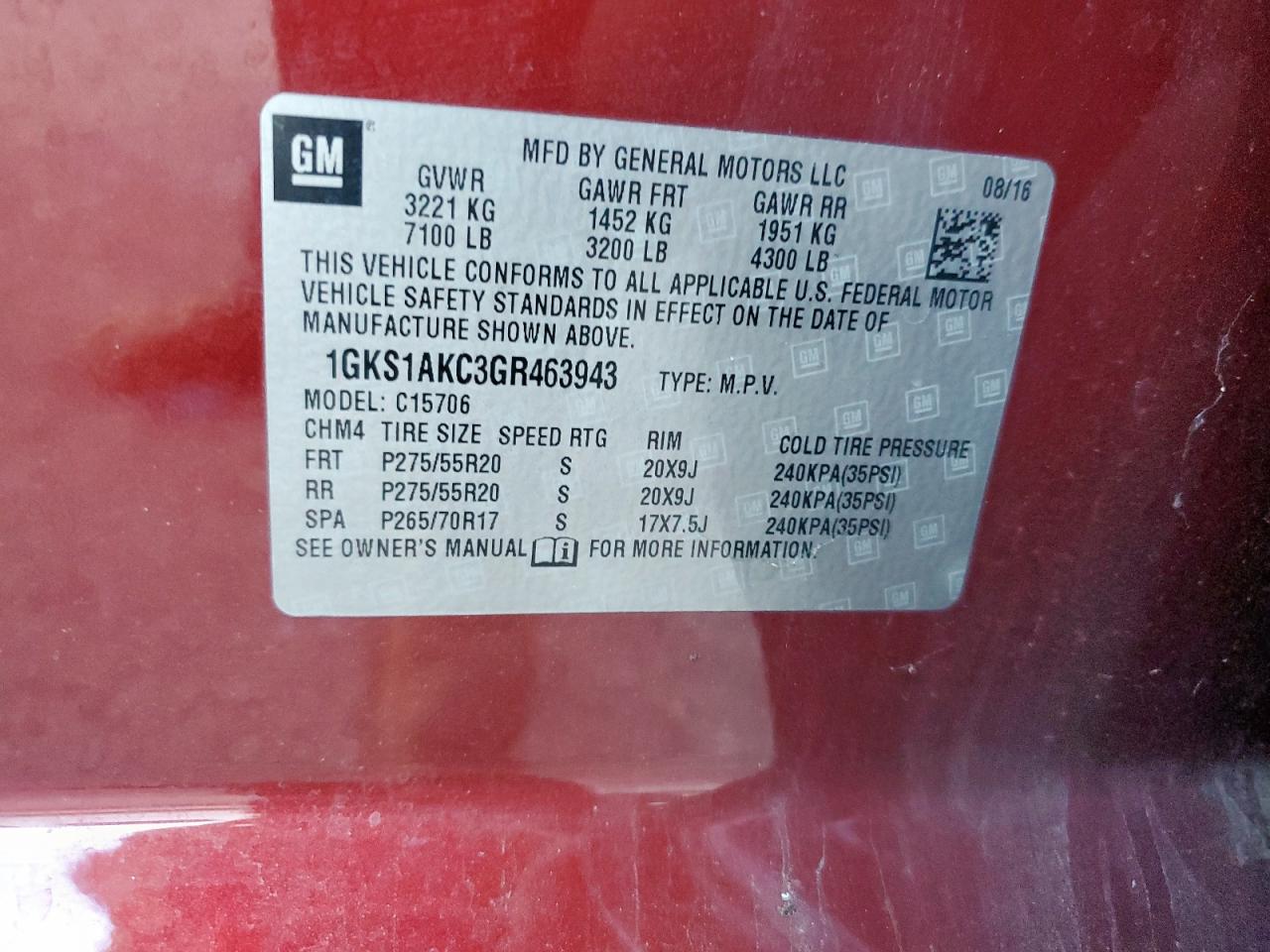 2016 GMC Yukon Sle VIN: 1GKS1AKC3GR463943 Lot: 91669075