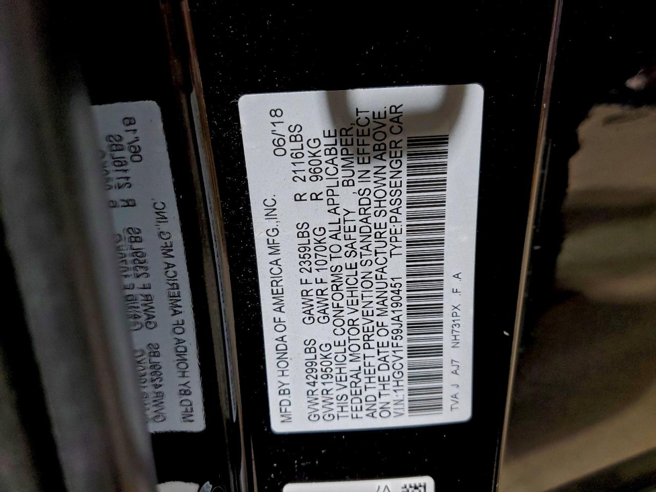 2018 Honda Accord Exl VIN: 1HGCV1F59JA190451 Lot: 93774645