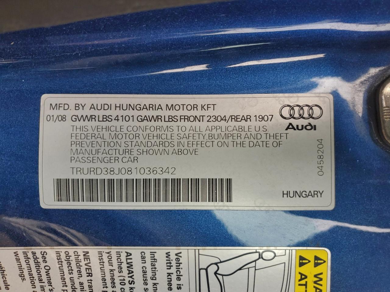 2008 Audi Tt 3.2 Quattro VIN: TRURD38J081036342 Lot: 93948965