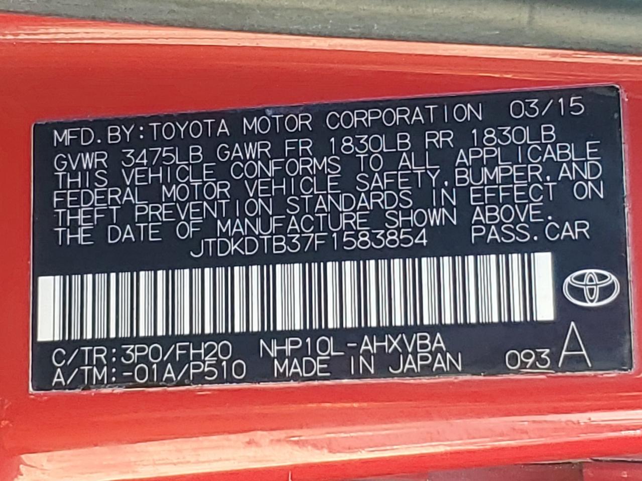 2015 Toyota Prius C VIN: JTDKDTB37F1583854 Lot: 92888435