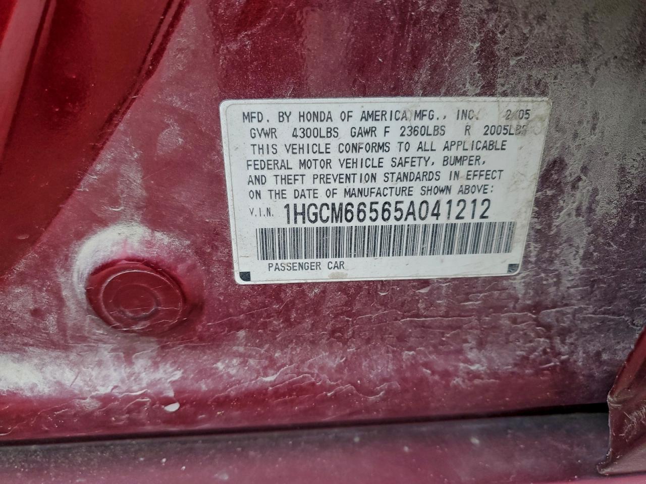 2005 Honda Accord Ex VIN: 1HGCM66565A041212 Lot: 94077225