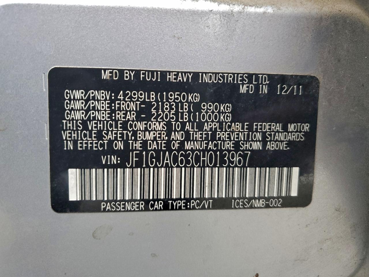 2012 Subaru Impreza Premium VIN: JF1GJAC63CH013967 Lot: 93995545