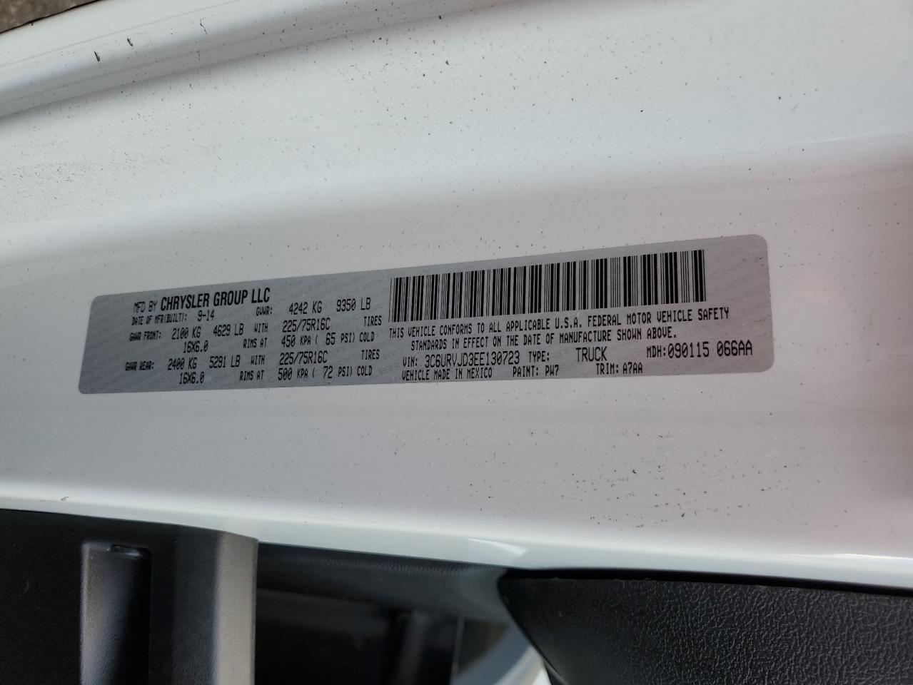 2014 Ram Promaster Delivery Van VIN: 3C6URVJD3EE130723 Lot: 93879085