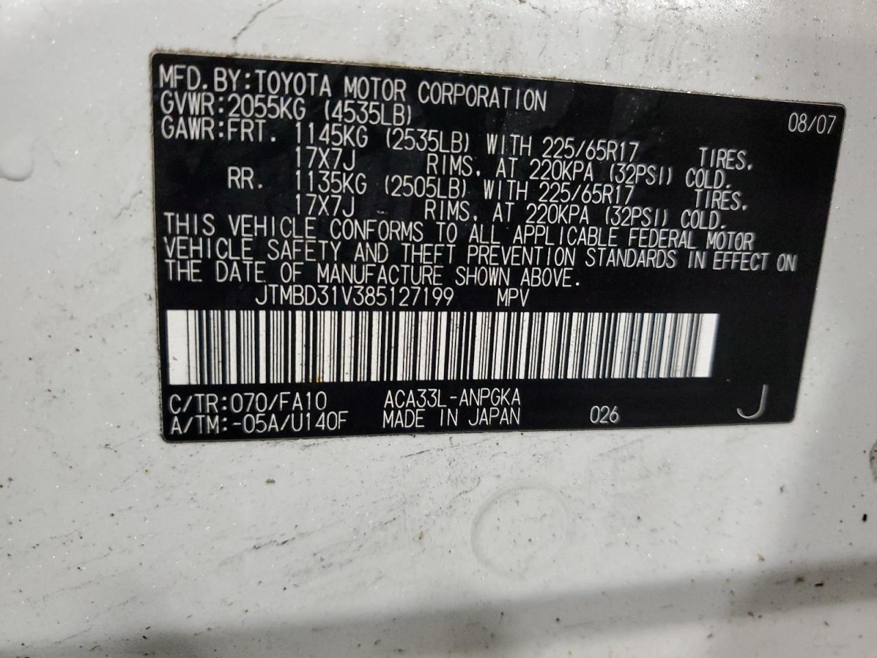 2008 Toyota Rav4 Limited VIN: JTMBD31V385127199 Lot: 90373925