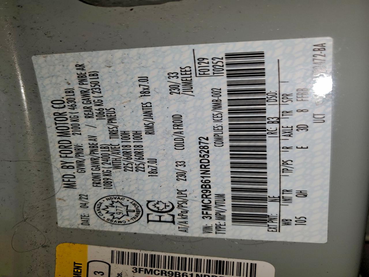 2022 Ford Bronco Sport Big Bend VIN: 3FMCR9B61NRD52872 Lot: 94641945