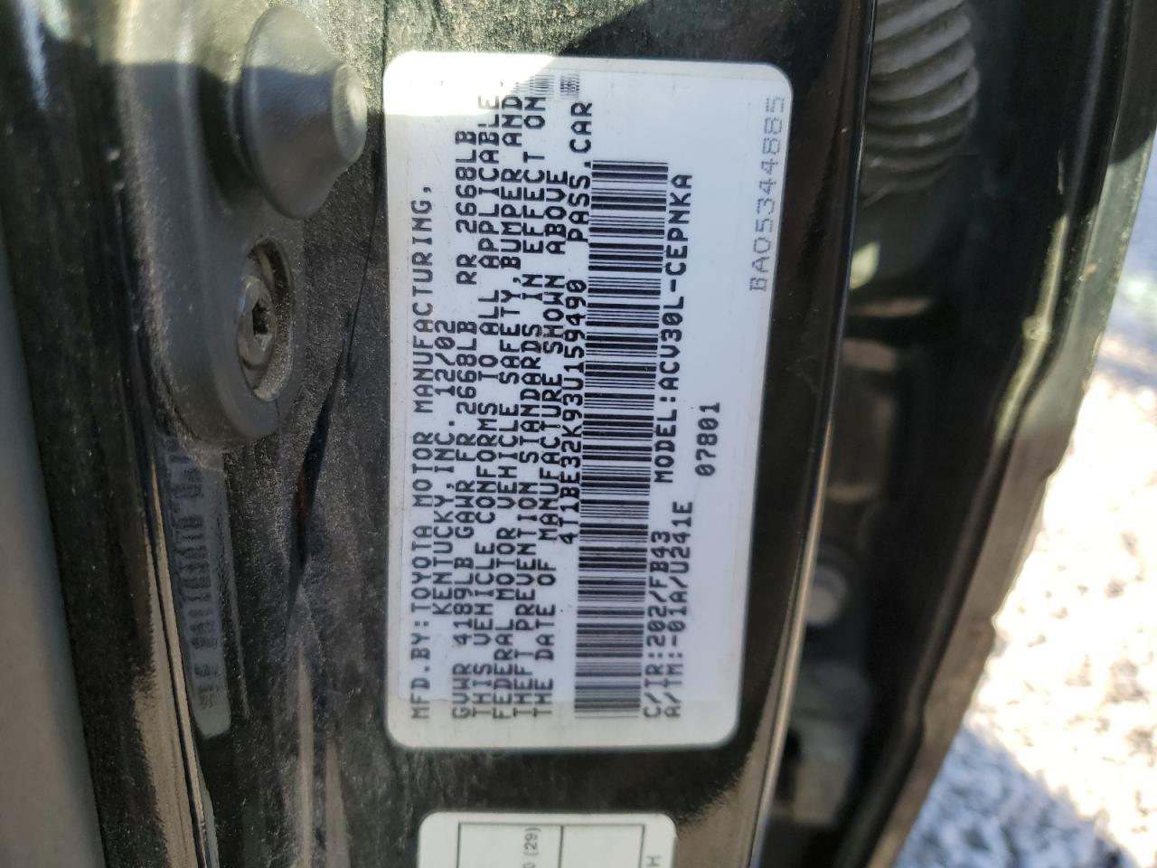 2003 Toyota Camry Le VIN: 4T1BE32K93U159490 Lot: 92768145