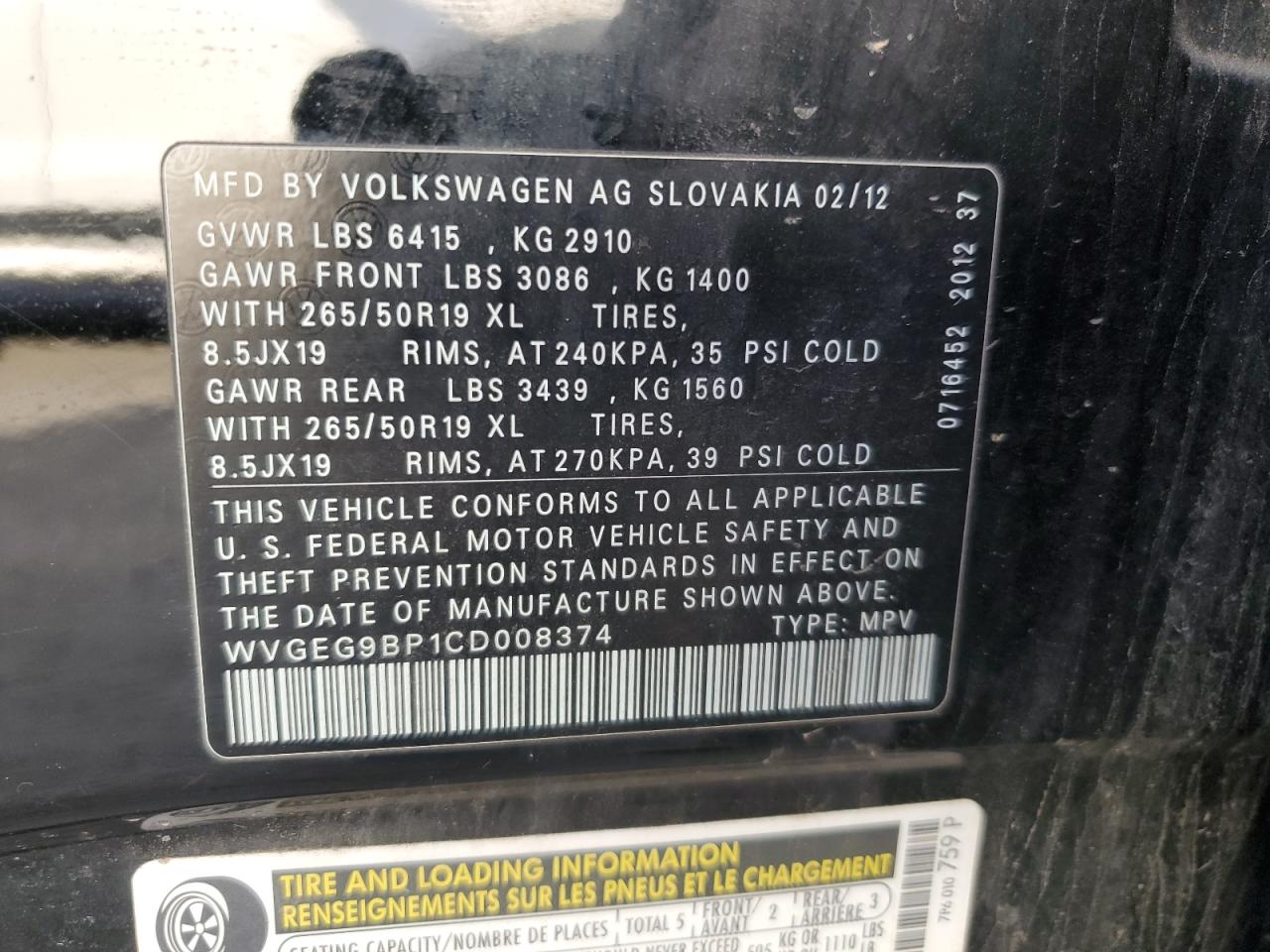 2012 Volkswagen Touareg Hybrid VIN: WVGEG9BP1CD008374 Lot: 91890555