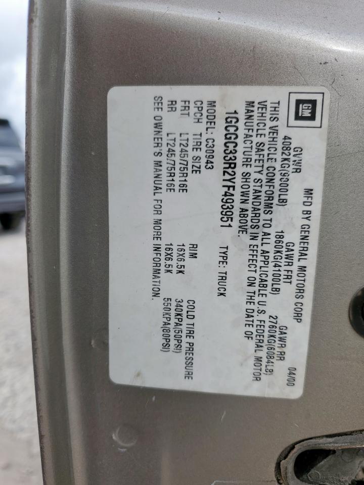 2000 Chevrolet Gmt-400 C3500 VIN: 1GCGC33R2YF493951 Lot: 87463745