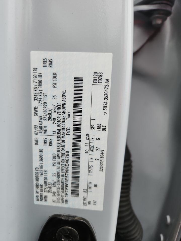 2022 Ford F150 Supercrew VIN: 1FTFW1E57NKE46788 Lot: 90712345