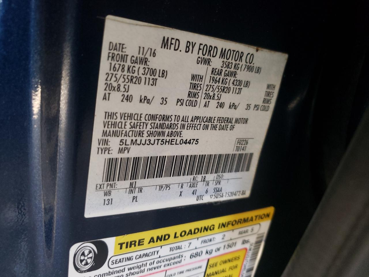 2017 Lincoln Navigator L Select VIN: 5LMJJ3JT5HEL04475 Lot: 91260635