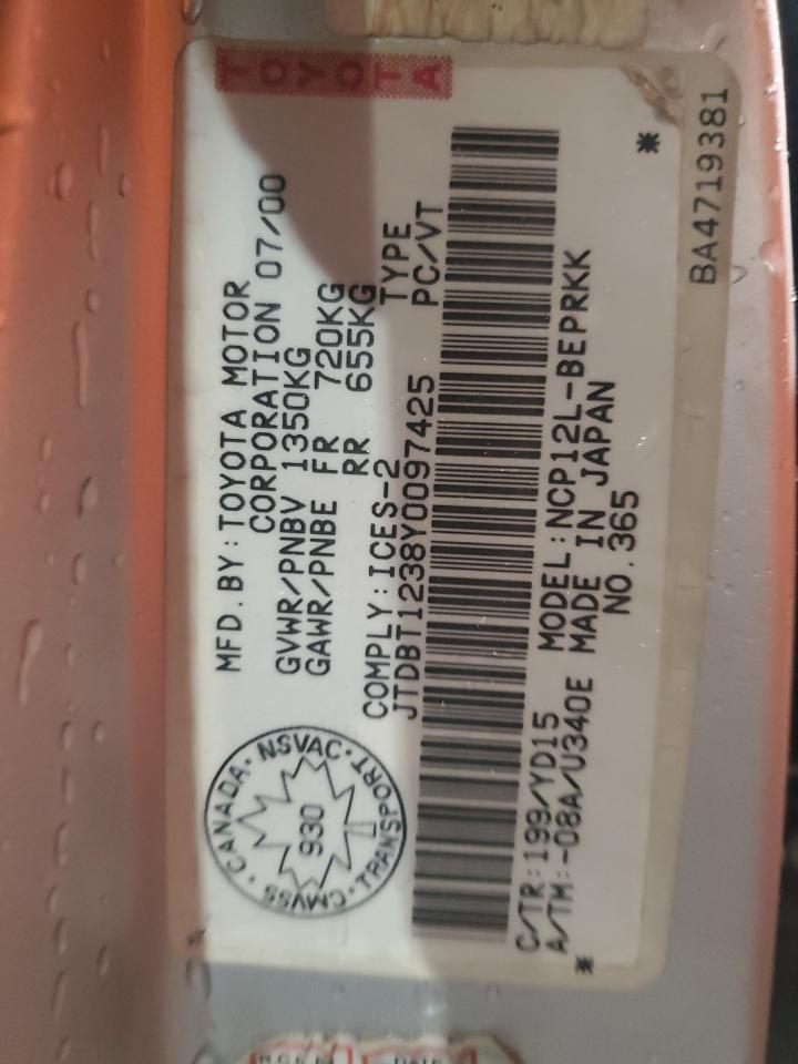 2000 Toyota Echo VIN: JTDBT1238Y0097425 Lot: 92035515