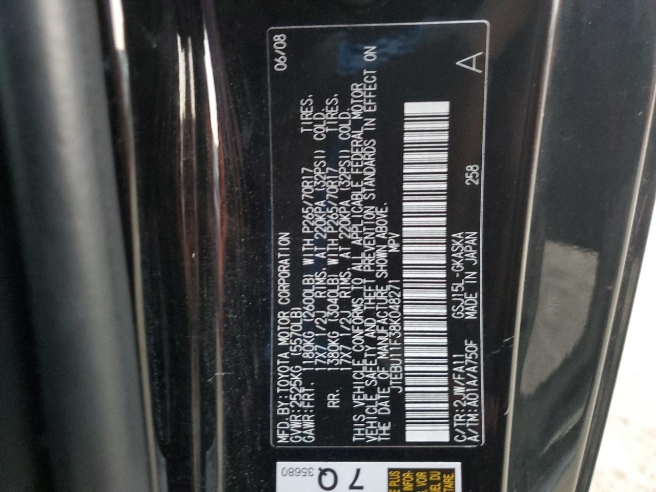 2008 Toyota Fj Cruiser VIN: JTEBU11F38K048271 Lot: 91345075