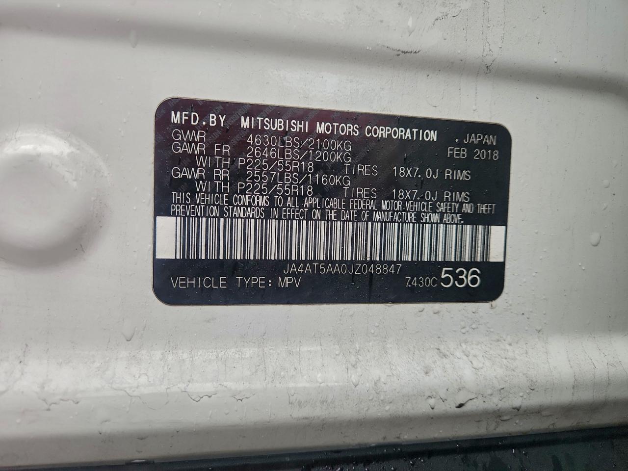 2018 Mitsubishi Eclipse Cross Se VIN: JA4AT5AA0JZ048847 Lot: 93686055