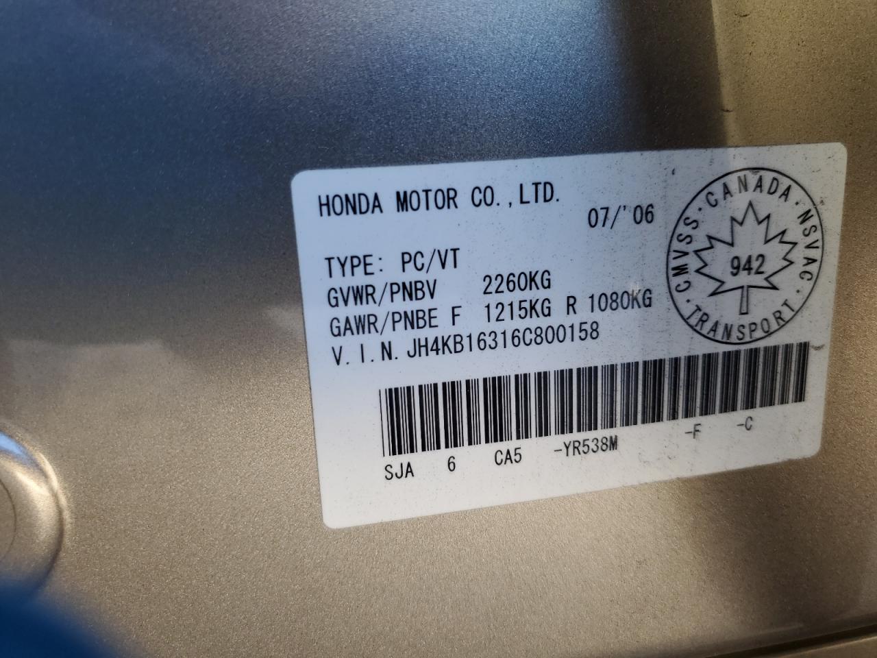 2006 Acura Rl VIN: JH4KB16316C800158 Lot: 90446645