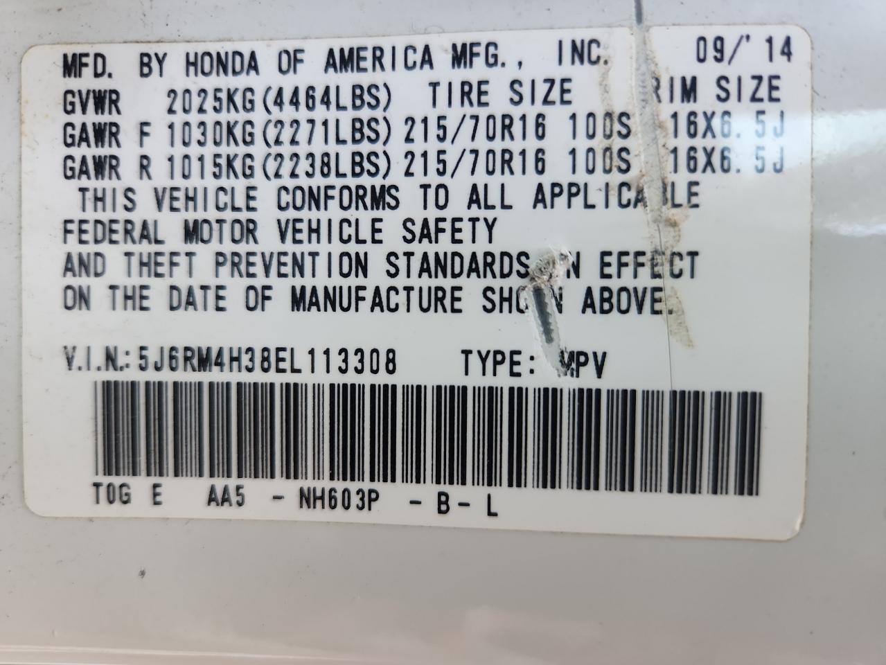 2014 Honda Cr-V Lx VIN: 5J6RM4H38EL113308 Lot: 93128025