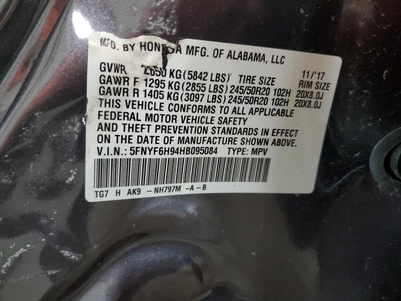 2017 Honda Pilot Touring VIN: 5FNYF6H94HB095084 Lot: 92186335