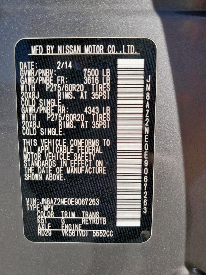 2014 Infiniti Qx80 VIN: JN8AZ2NE0E9067263 Lot: 92300665