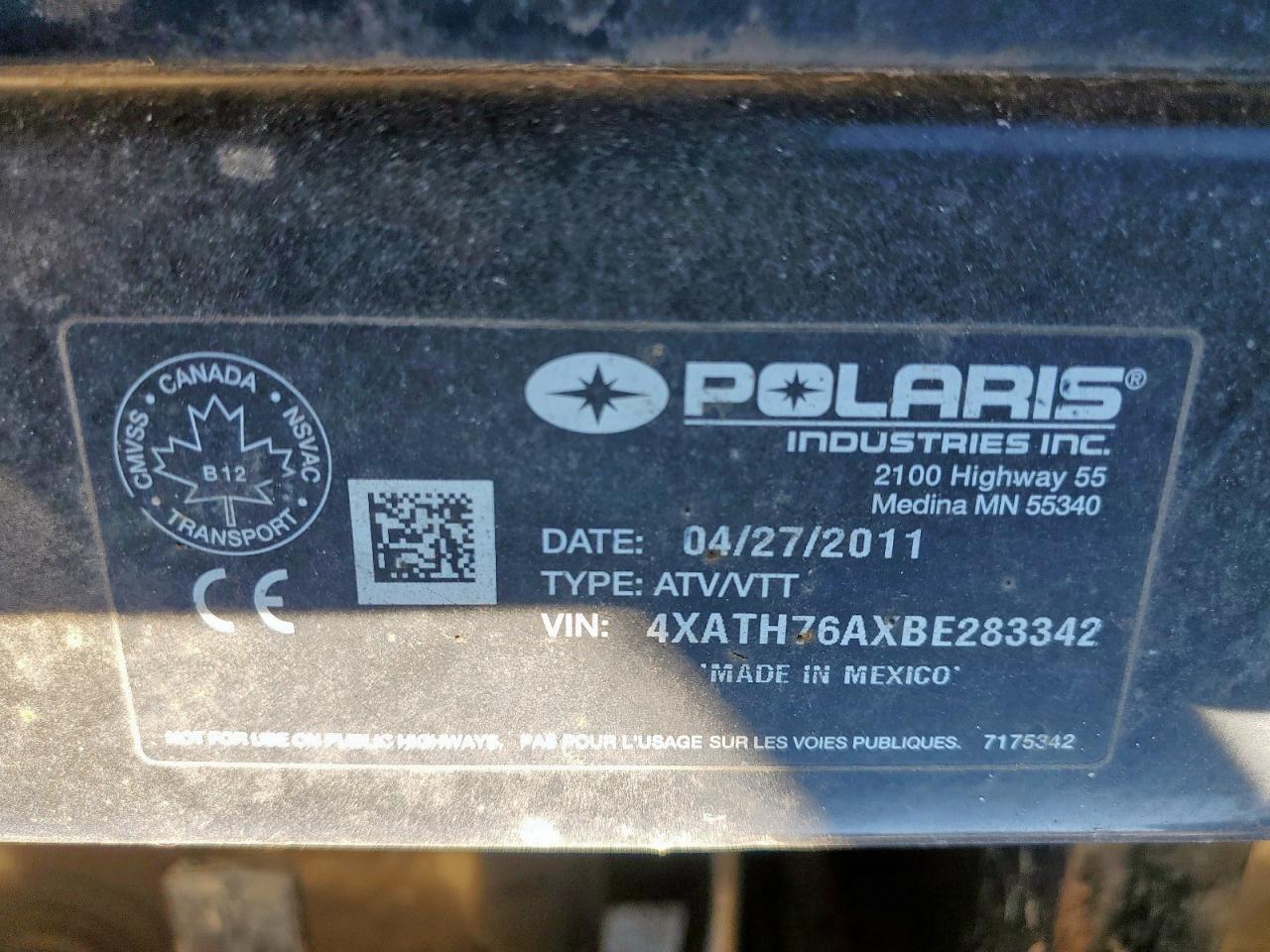 2011 Polaris 800 VIN: 4XATH76AXBE283342 Lot: 91122835