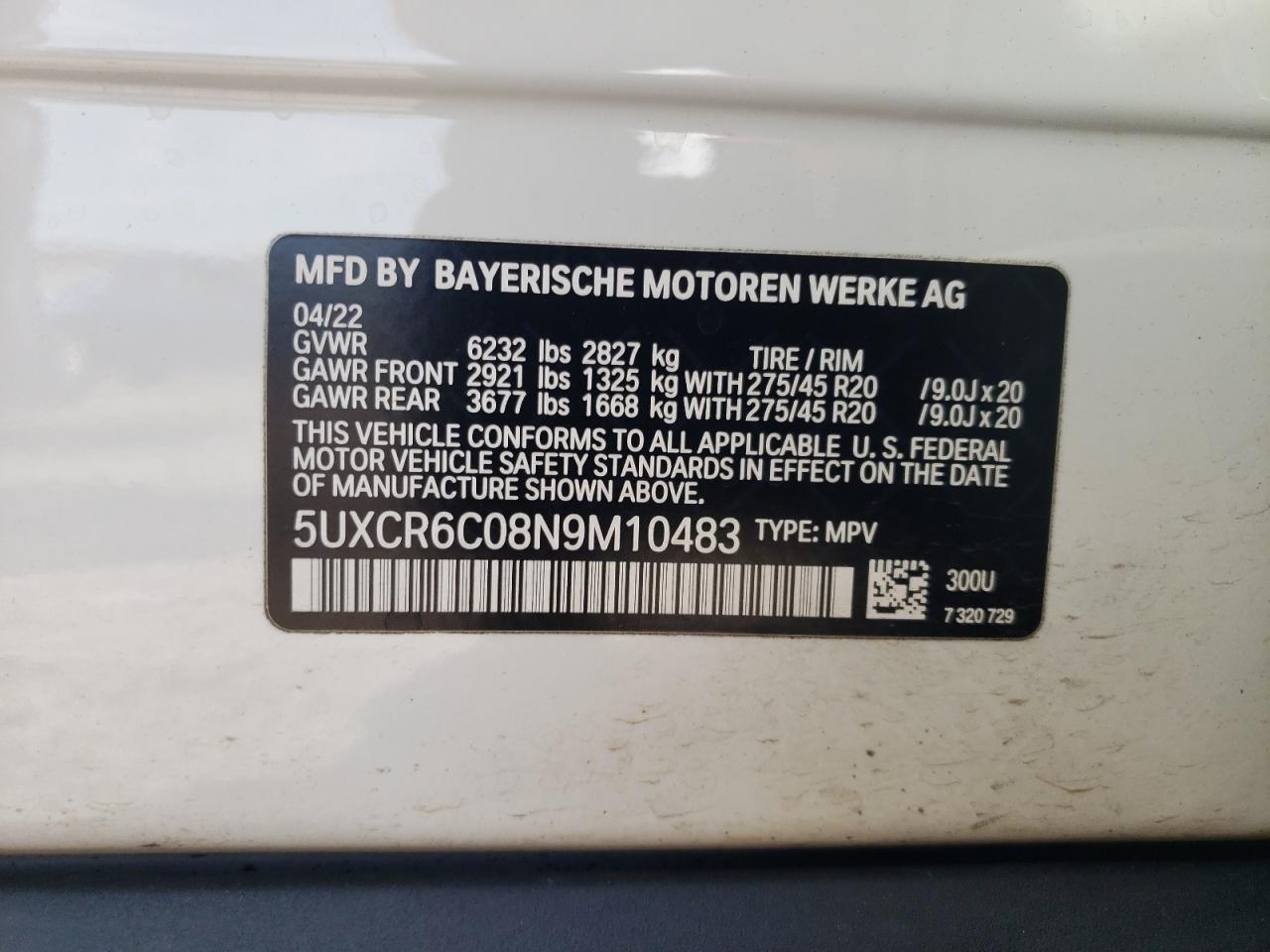 2022 BMW X5 xDrive40I VIN: 5UXCR6C08N9M10483 Lot: 91178125