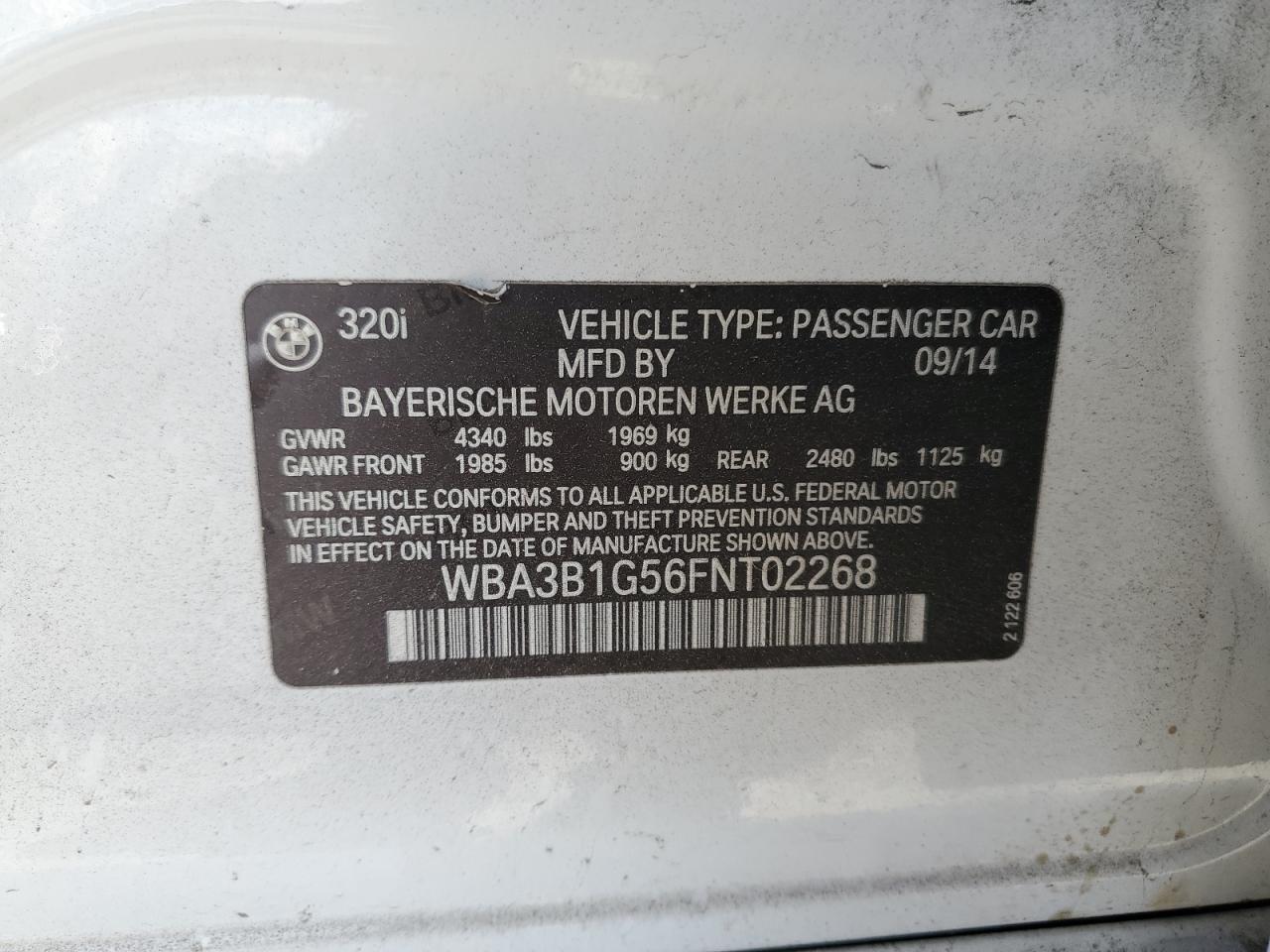 2015 BMW 320 I VIN: WBA3B1G56FNT02268 Lot: 93318465