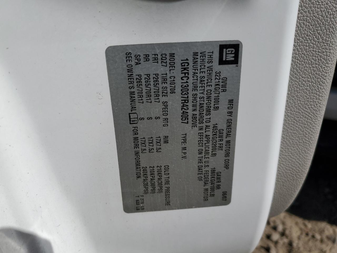 2007 GMC Yukon VIN: 1GKFC13037R424057 Lot: 91096285