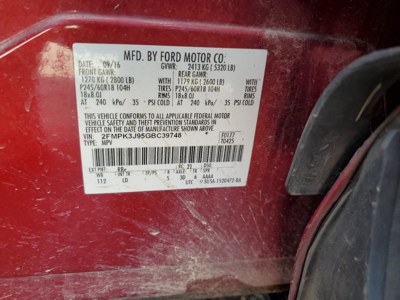 2016 Ford Edge Sel VIN: 2FMPK3J95GBC39748 Lot: 93226755