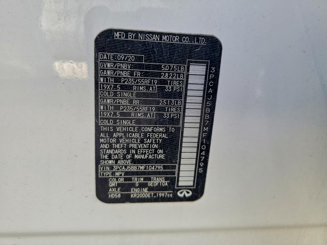 2021 Infiniti Qx50 Luxe VIN: 3PCAJ5BB7MF104795 Lot: 93840885