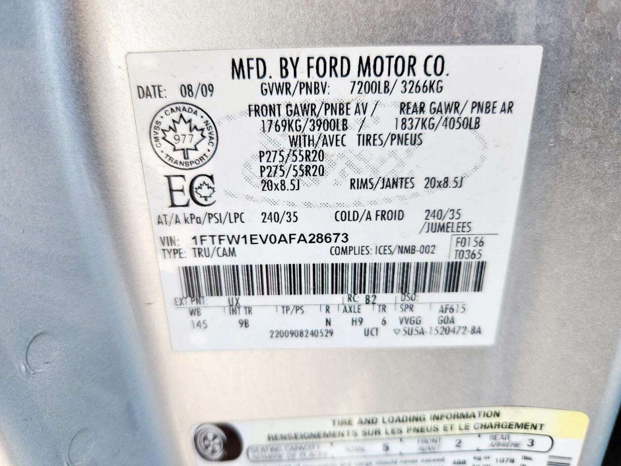 2010 Ford F150 Supercrew VIN: 1FTFW1EV0AFA28673 Lot: 93482075