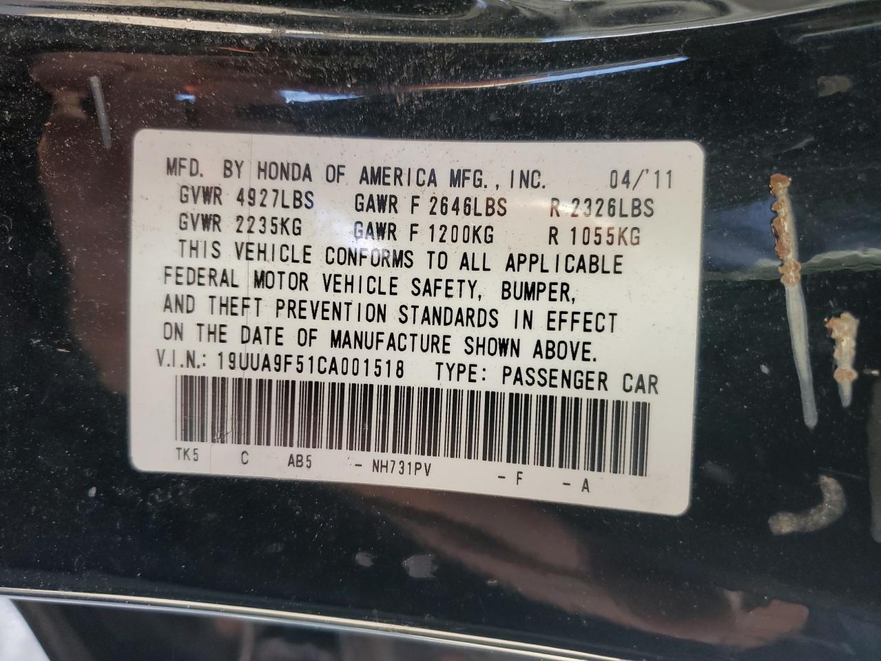 2012 Acura Tl VIN: 19UUA9F51CA001518 Lot: 91454605