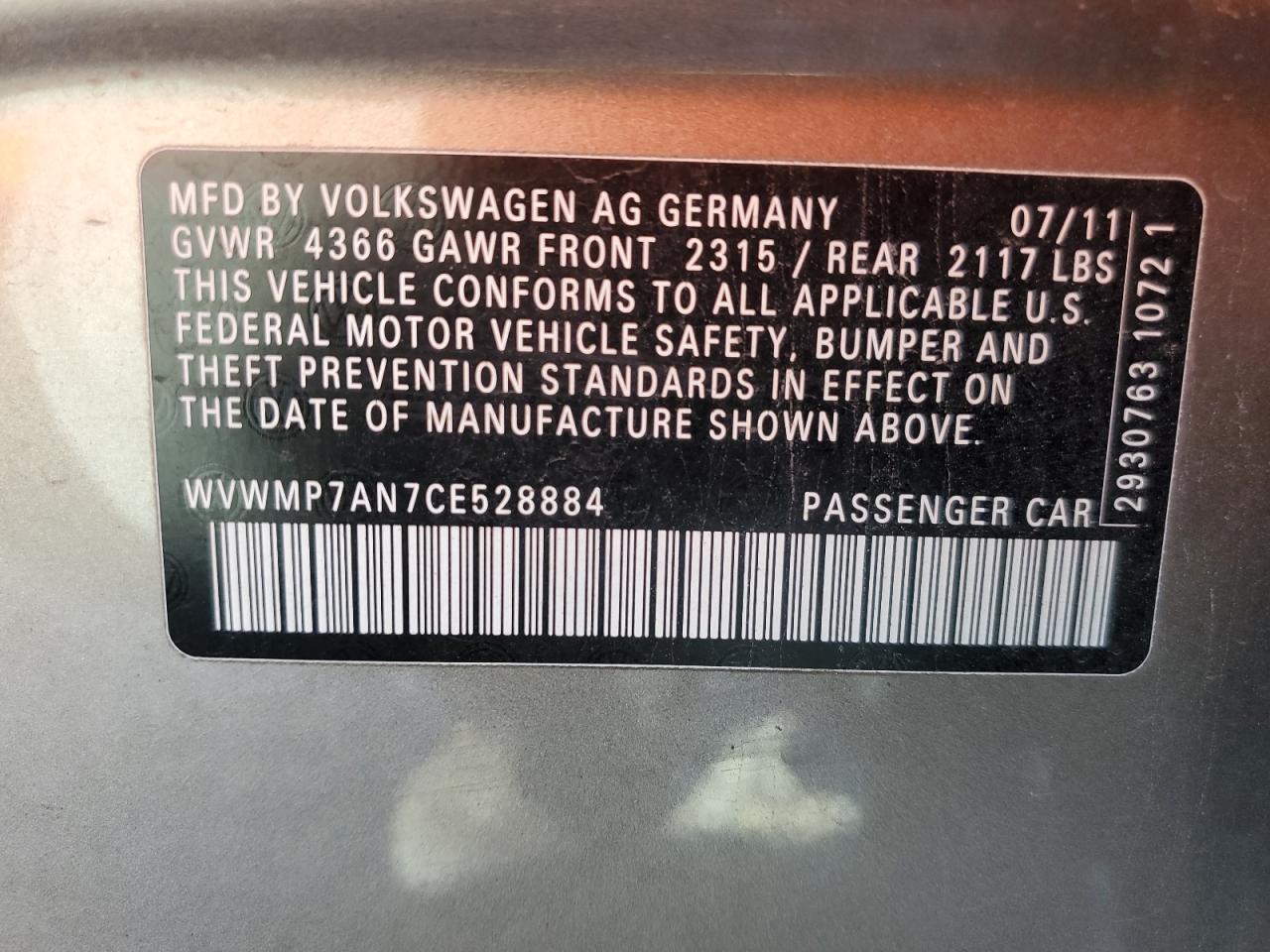 2012 Volkswagen Cc Sport VIN: WVWMP7AN7CE528884 Lot: 92138915
