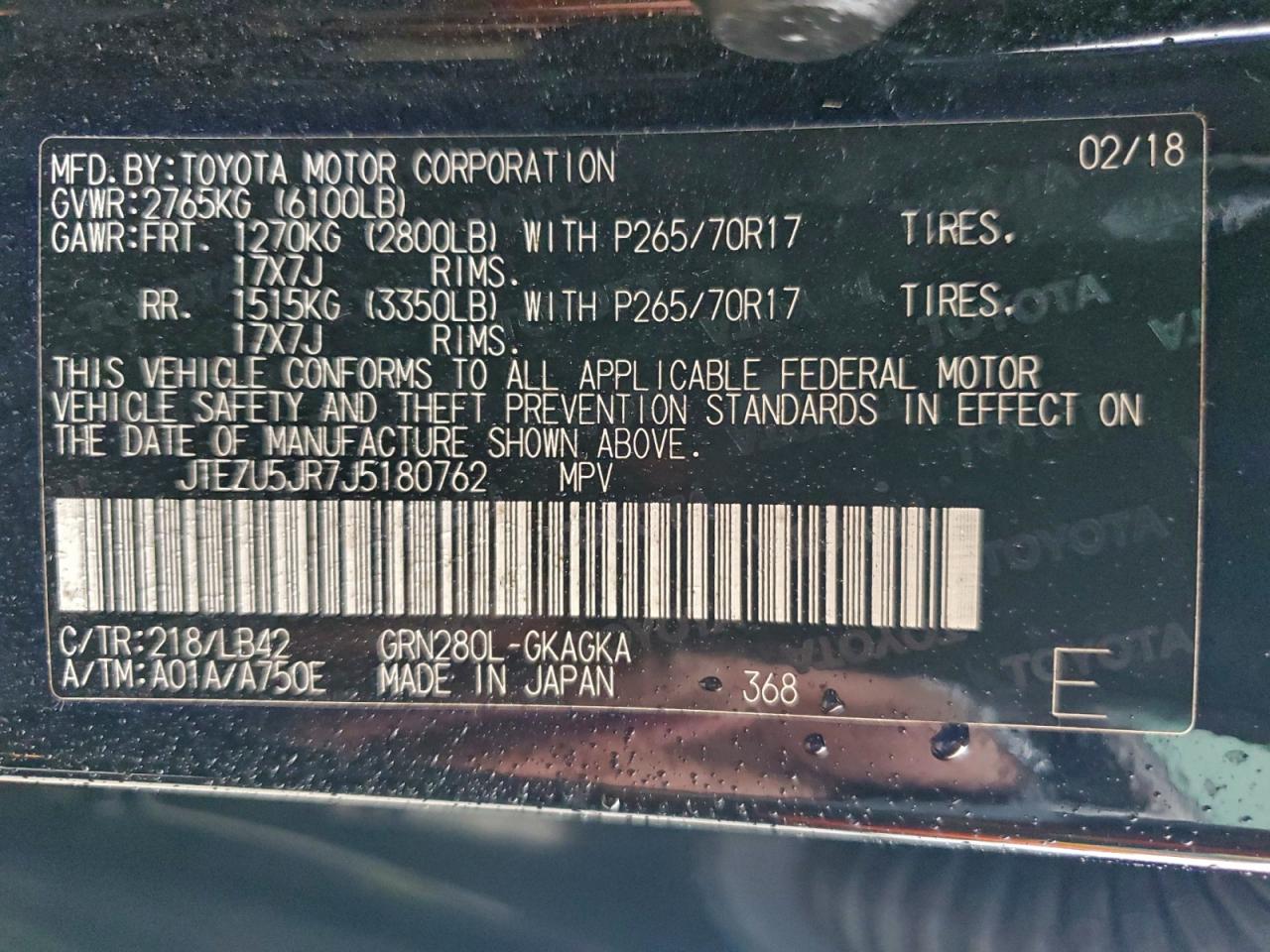 2018 Toyota 4Runner Sr5 VIN: JTEZU5JR7J5180762 Lot: 93346305