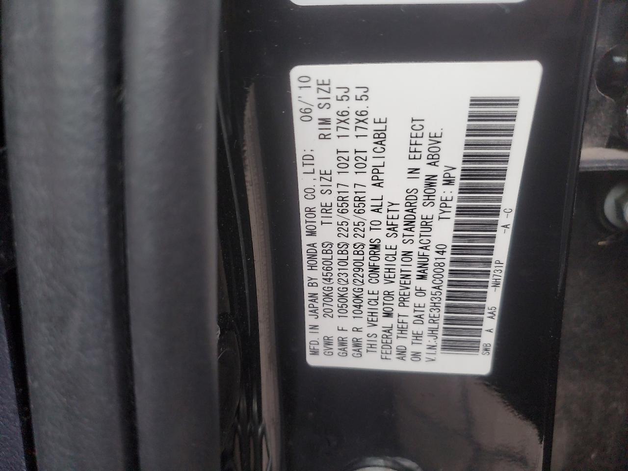 2010 Honda Cr-V Lx VIN: JHLRE3H35AC008140 Lot: 92232235