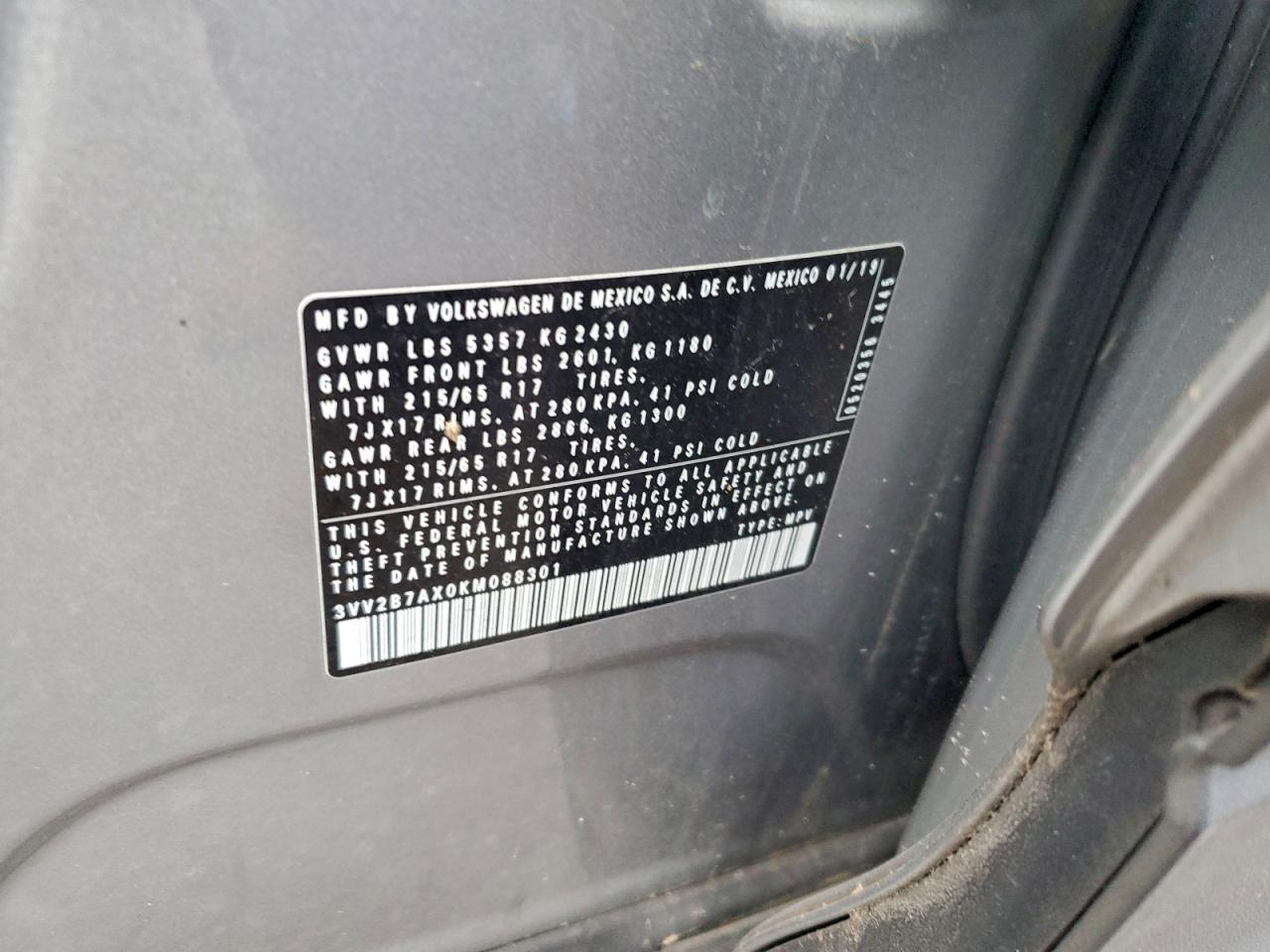 2019 Volkswagen Tiguan Se VIN: 3VV2B7AX0KM088301 Lot: 94147025