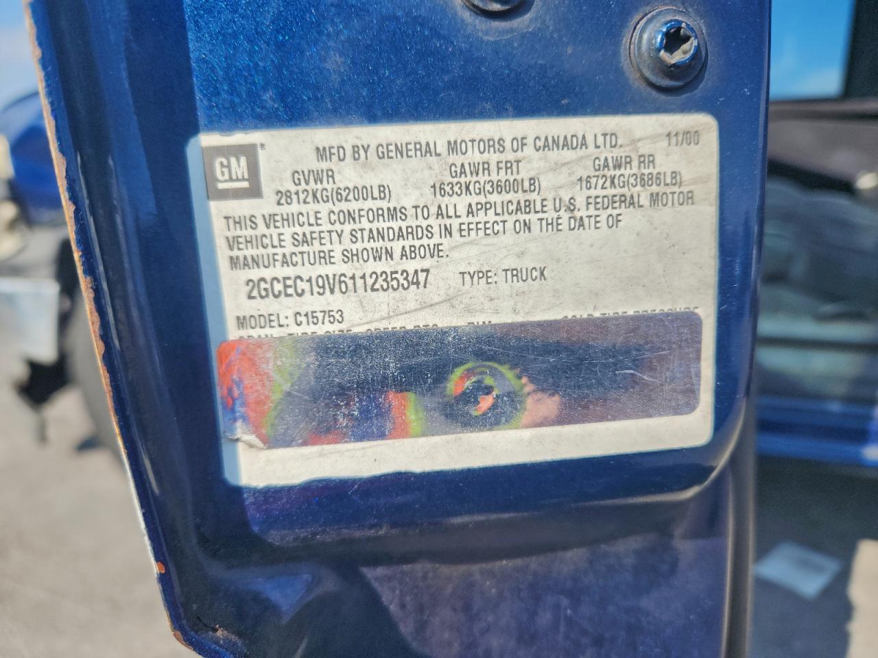 2001 Chevrolet Silverado C1500 VIN: 2GCEC19V611235347 Lot: 93956765