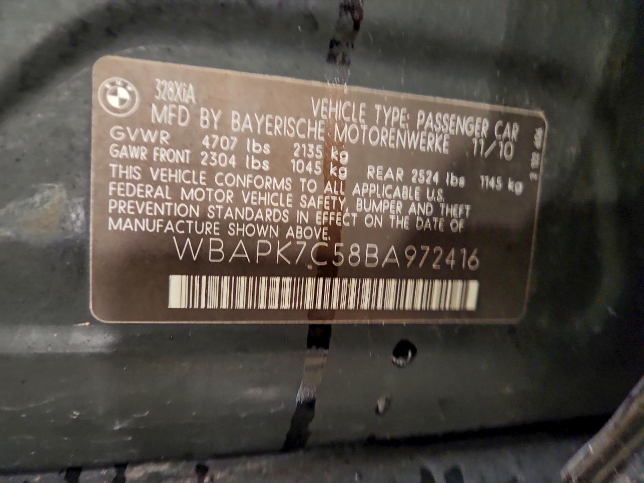 2011 BMW 328 Xi VIN: WBAPK7C58BA972416 Lot: 94166465