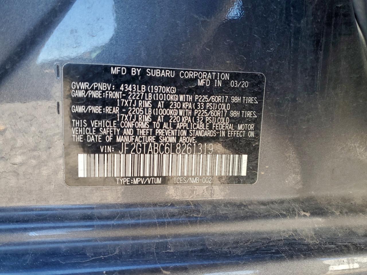 2020 Subaru Crosstrek VIN: JF2GTABC6L8261319 Lot: 94157925