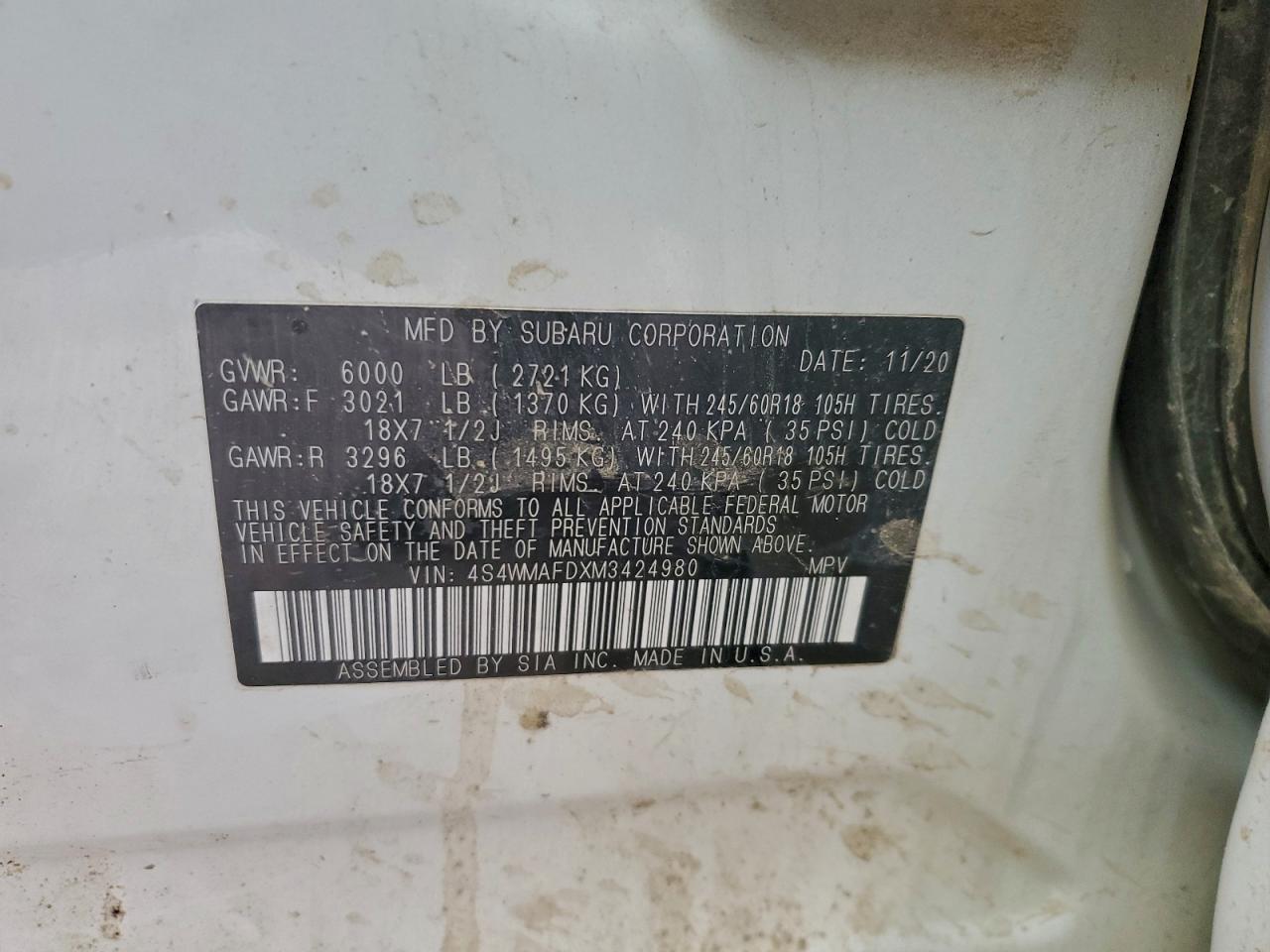 2021 Subaru Ascent Premium VIN: 4S4WMAFDXM3424980 Lot: 93814475